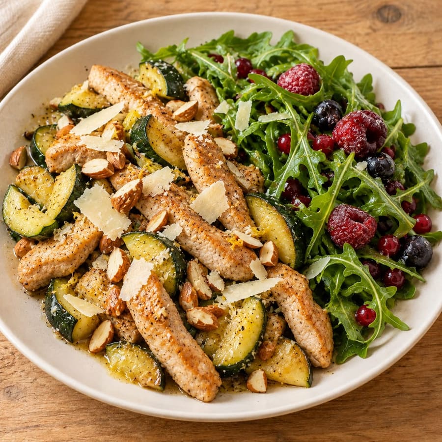 Lauwarmer Schweinelachs-Salat mit Rucola und Zucchini