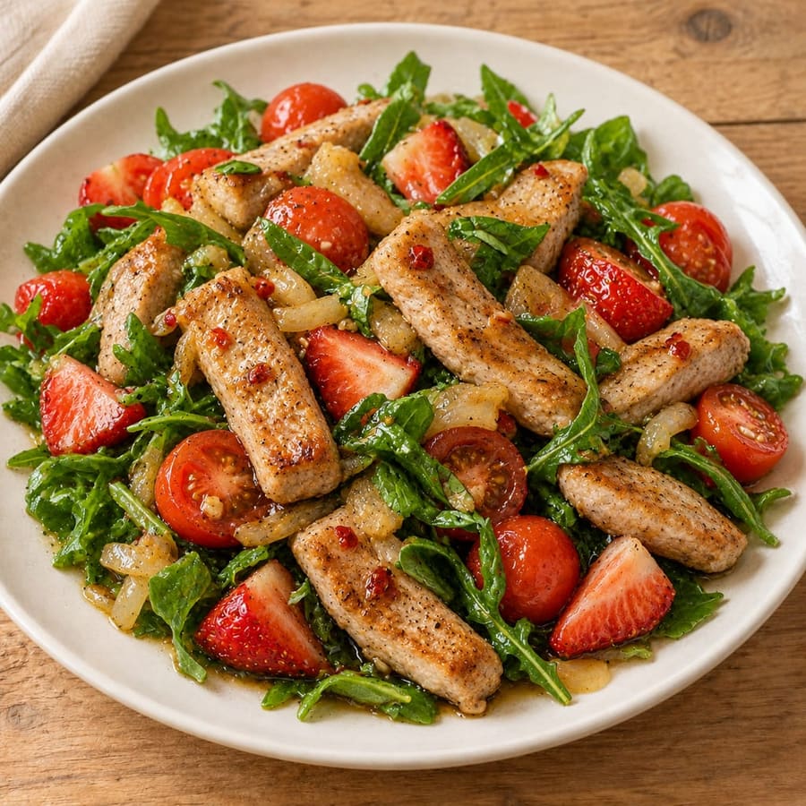 Lauwarmer Schweinelendensalat mit Rucola und Erdbeeren