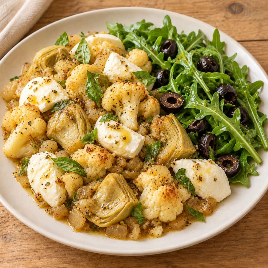 Warmer Mozzarella-Salat mit Artischocken und Blumenkohl