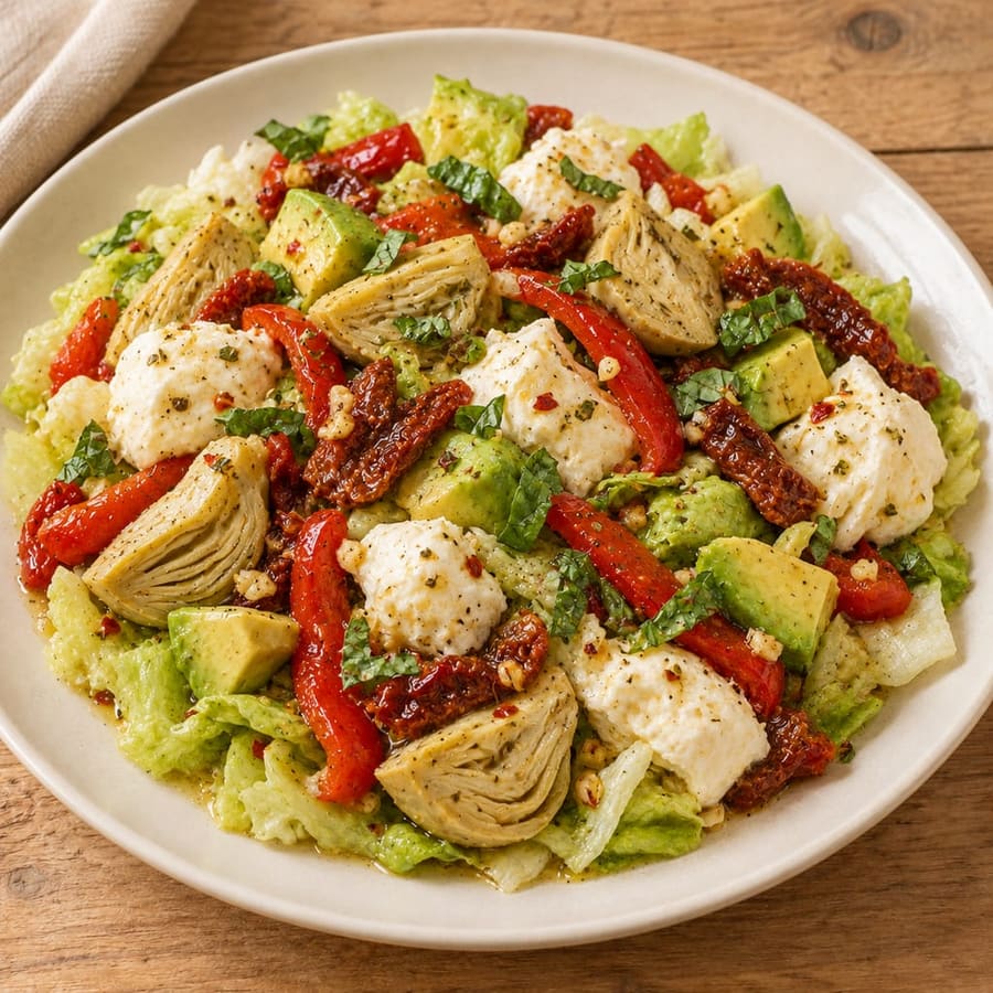 Lauwarmer Mozzarellasalat mit Artischocken und Paprika
