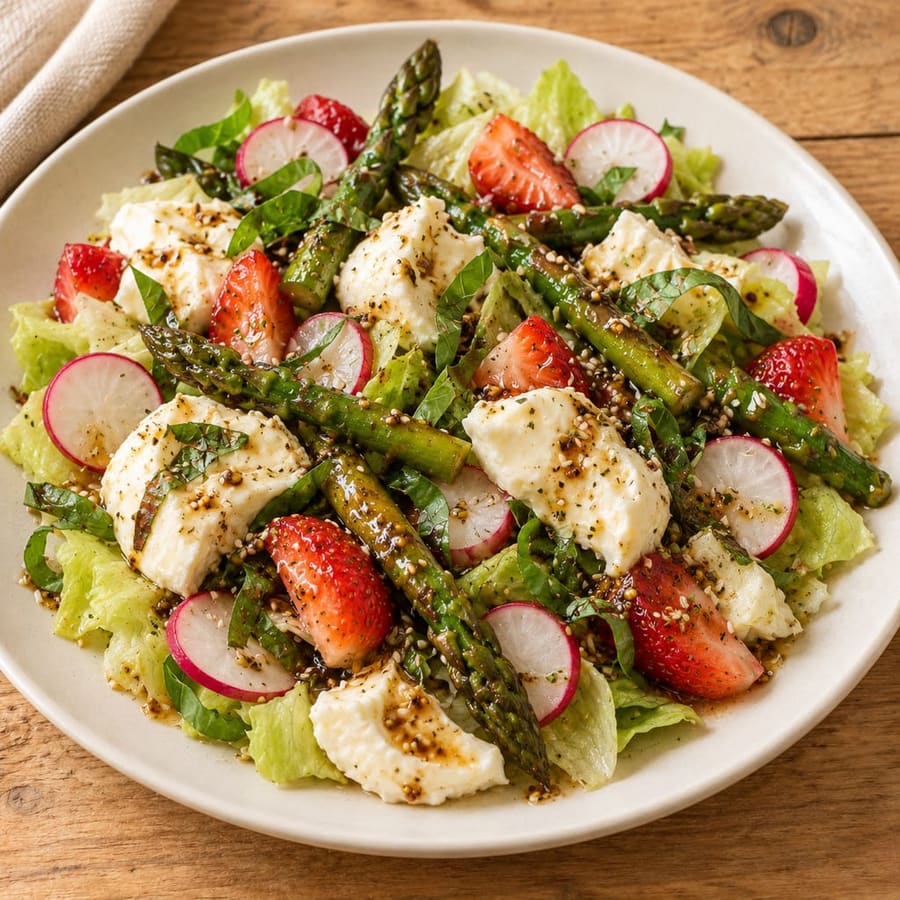 Lauwarmer Spargelsalat mit Mozzarella und Erdbeeren