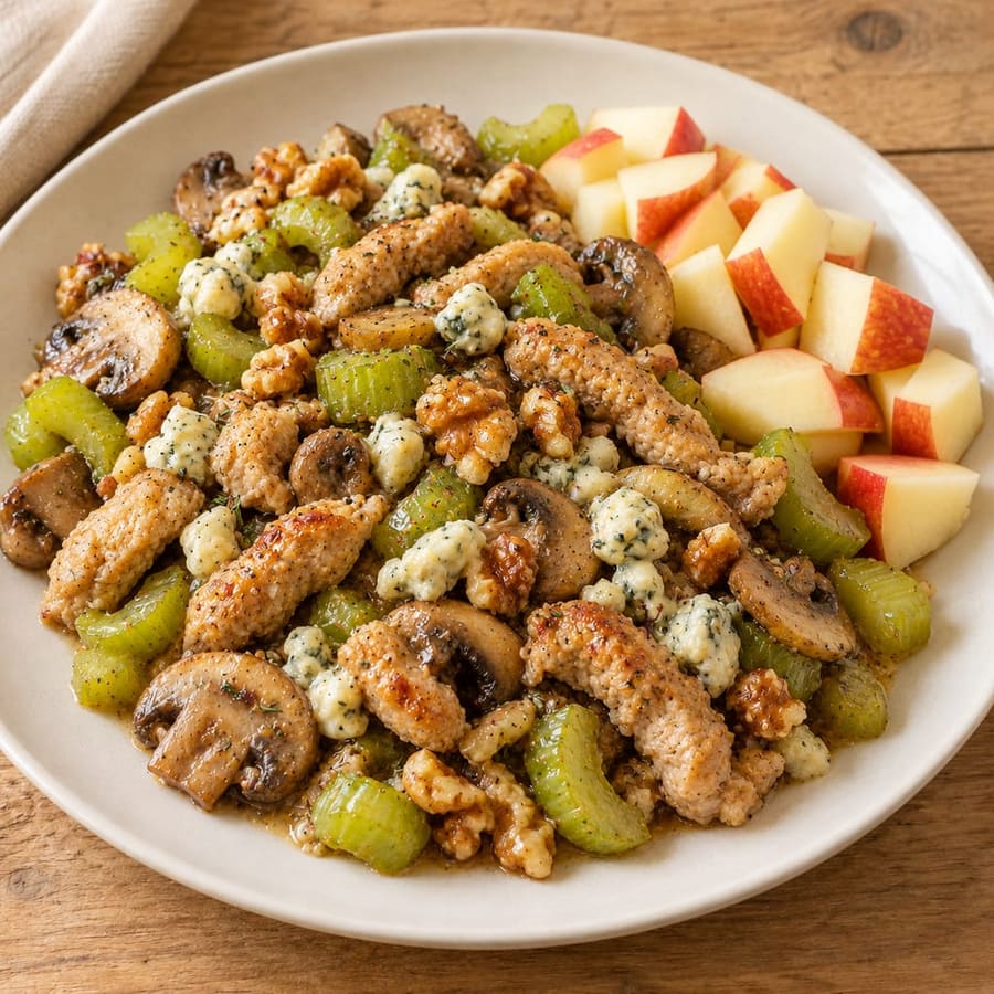 Warmer Putensalat mit Sellerie, Champignons und Apfel