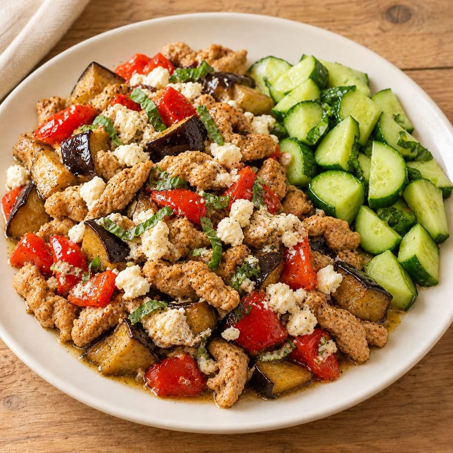 Lauwarmer Putensalat mit Aubergine, Gurke und Paprika