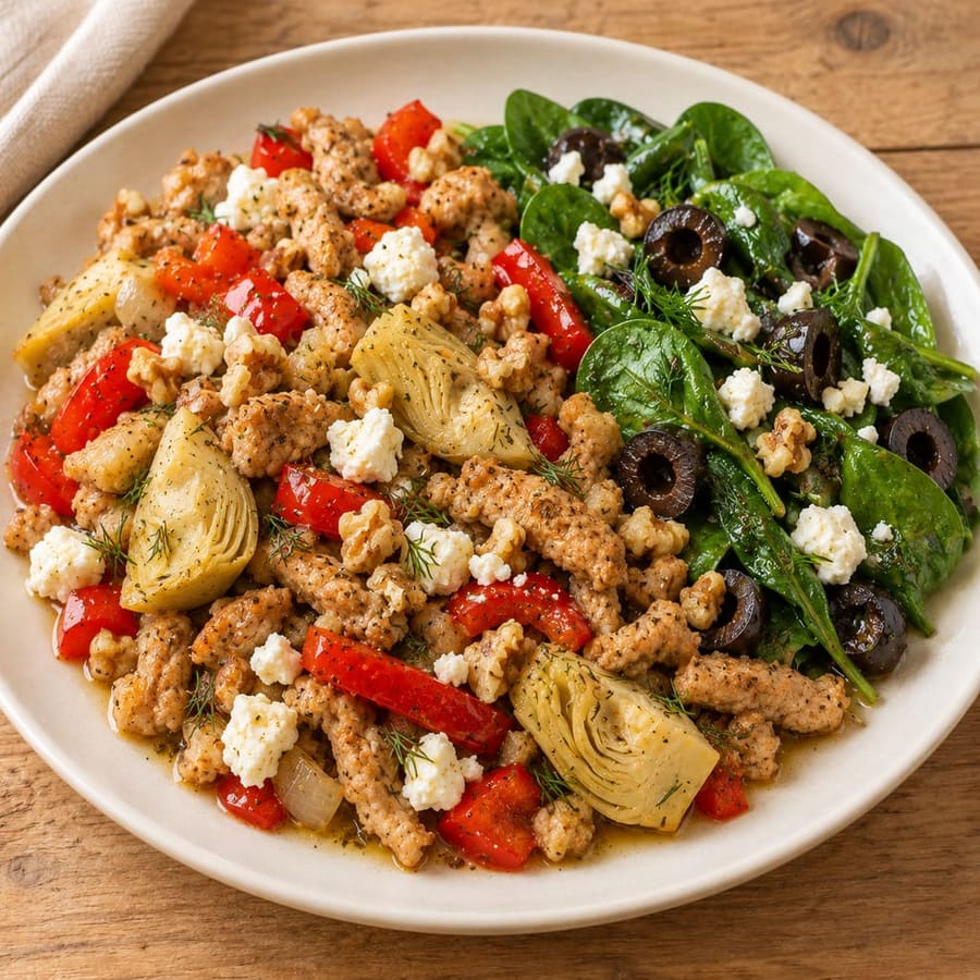 Warmer Putensalat mit Artischocken, Spinat und Feta
