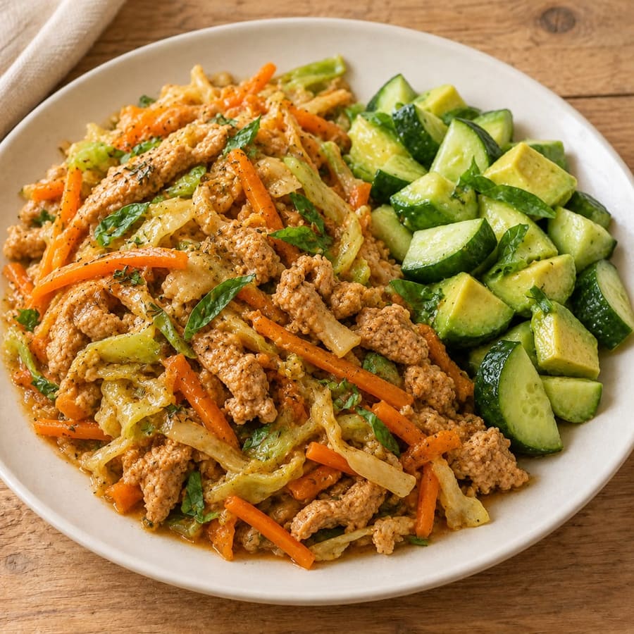 Warmer Putenhack-Salat mit Weißkohl, Gurke und Tahini-Dressing