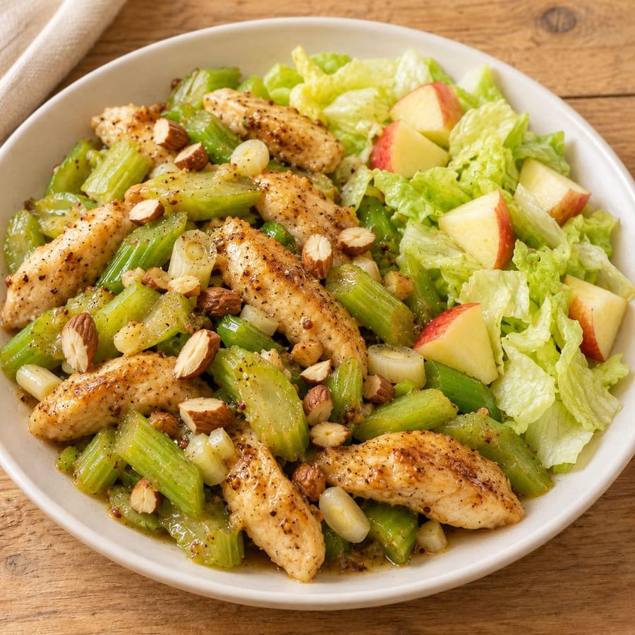 Warmer Hähnchensalat mit Sellerie, Apfel und Dijon-Senf
