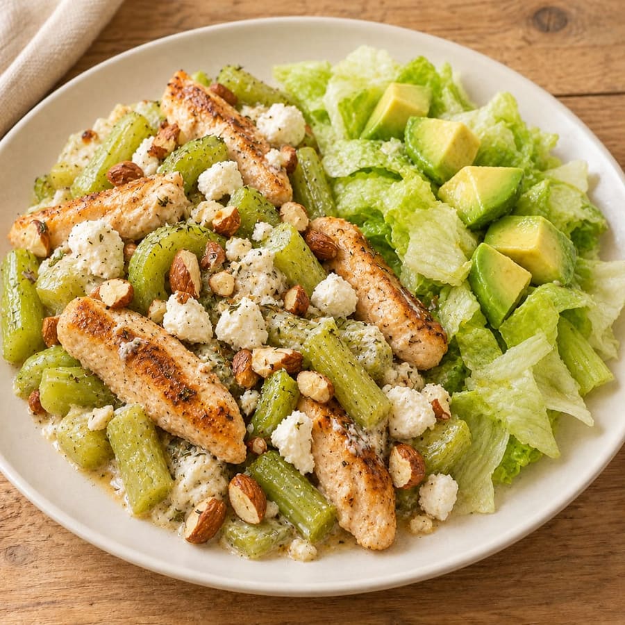 Lauwer Hähnchensalat mit Sellerie, Avocado und Joghurtdressing