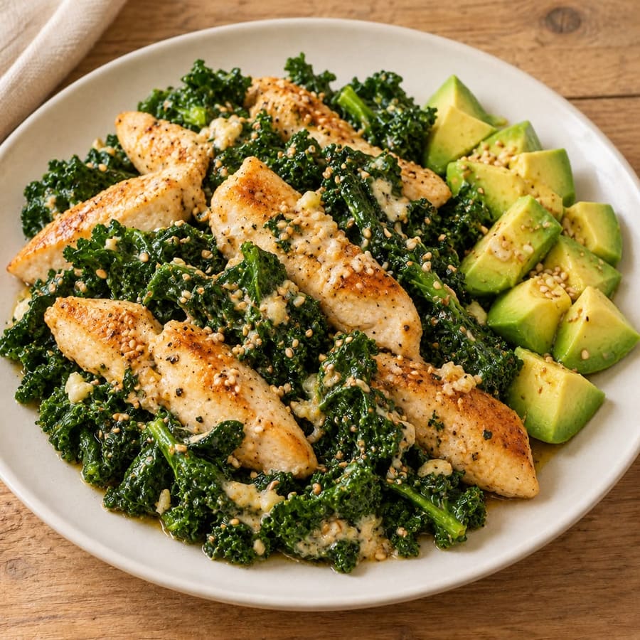 Lauwarmer Hähnchen-Grünkohl-Salat mit Avocado