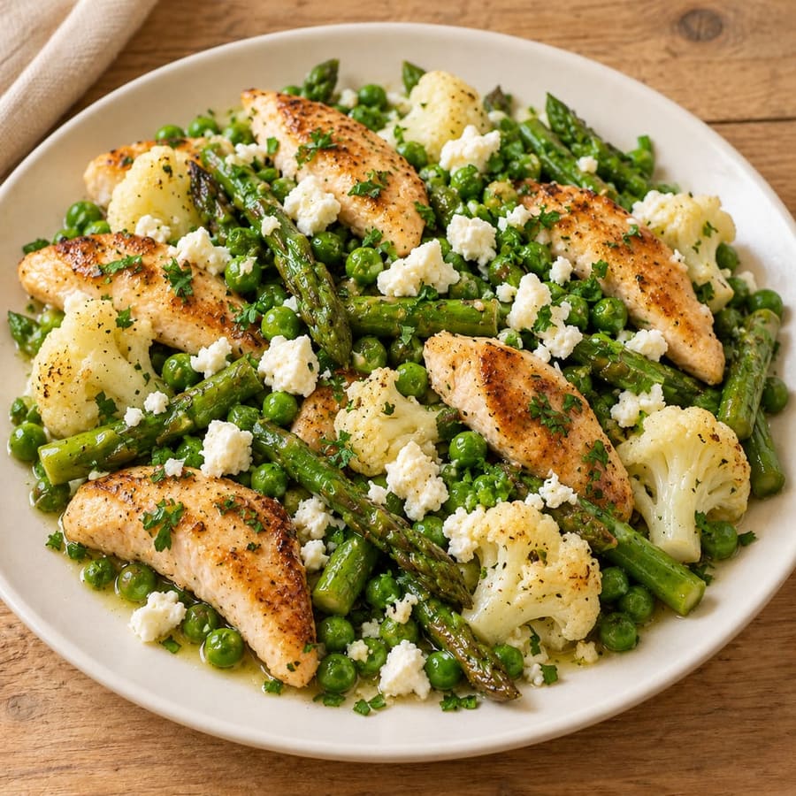 Lauwarmer Hähnchensalat mit Spargel, Blumenkohl und Erbsen