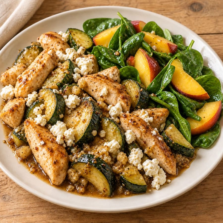 Warmer Hähnchensalat mit Spinat, Zucchini und Pfirsich