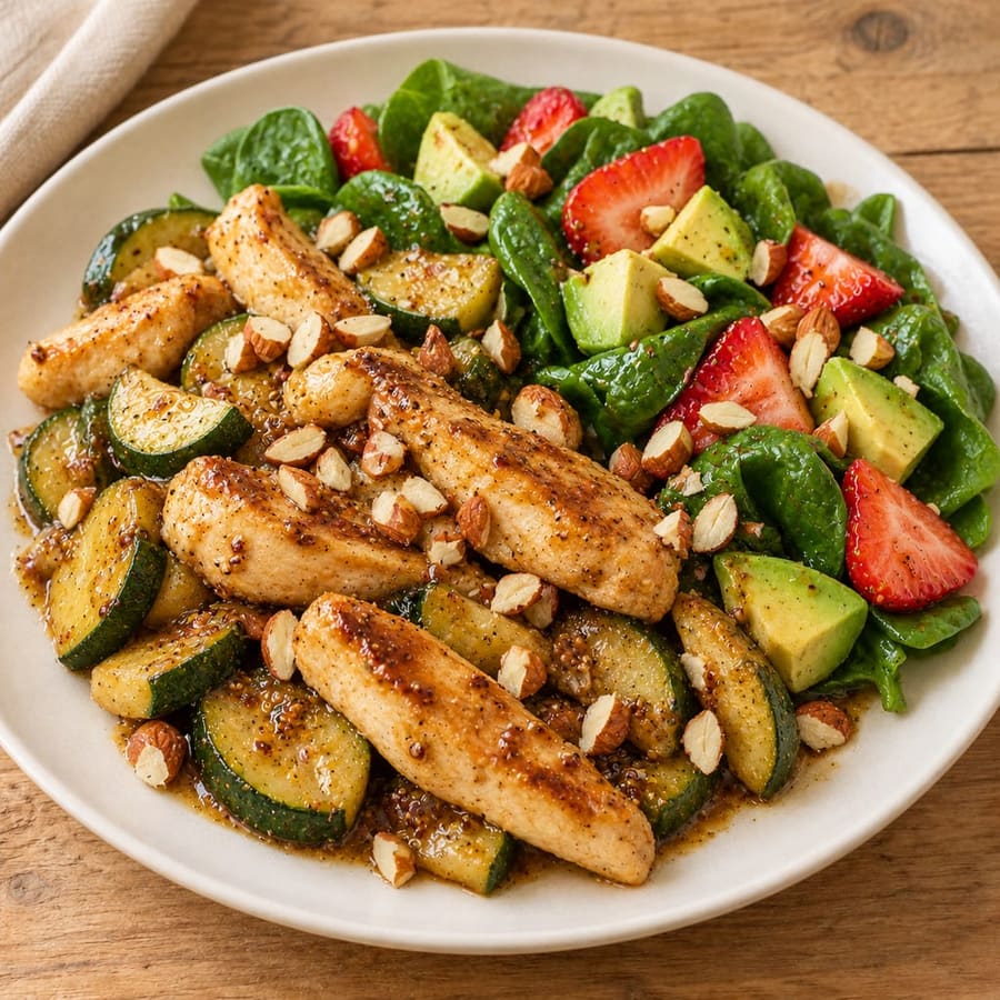 Lauwarmer Hähnchensalat mit Spinat, Zucchini und Erdbeeren