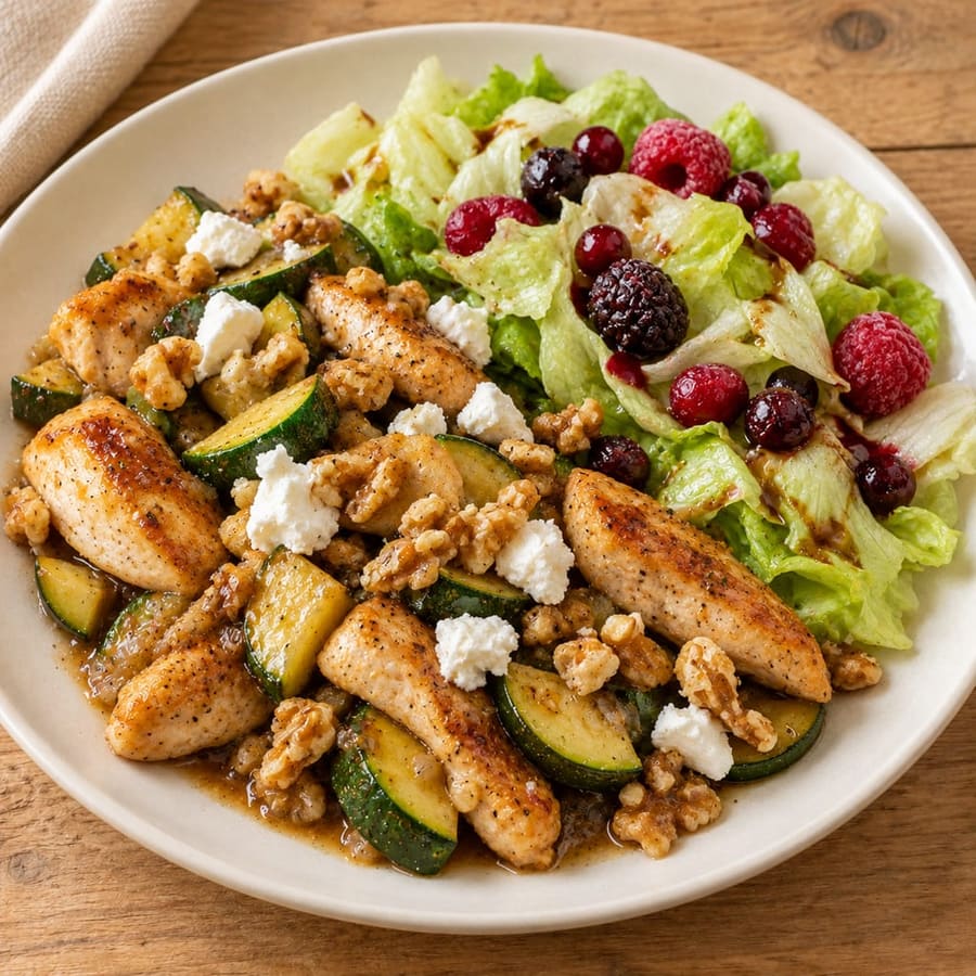 Lauwarmer Hähnchensalat mit Zucchini und Ziegenkäse