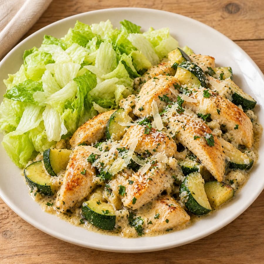 Lauwarmer Hähnchensalat mit Zucchini und Joghurtsauce