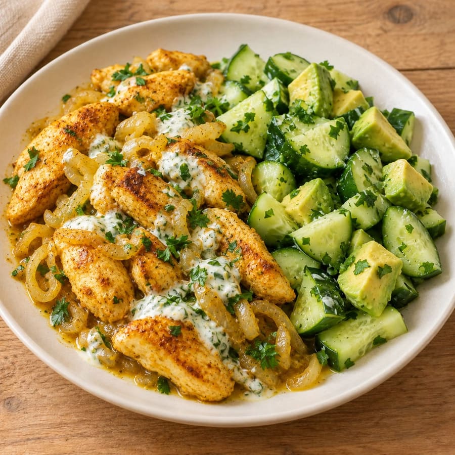 Warmer Hähnchensalat mit Gurke, Avocado und Joghurtsauce