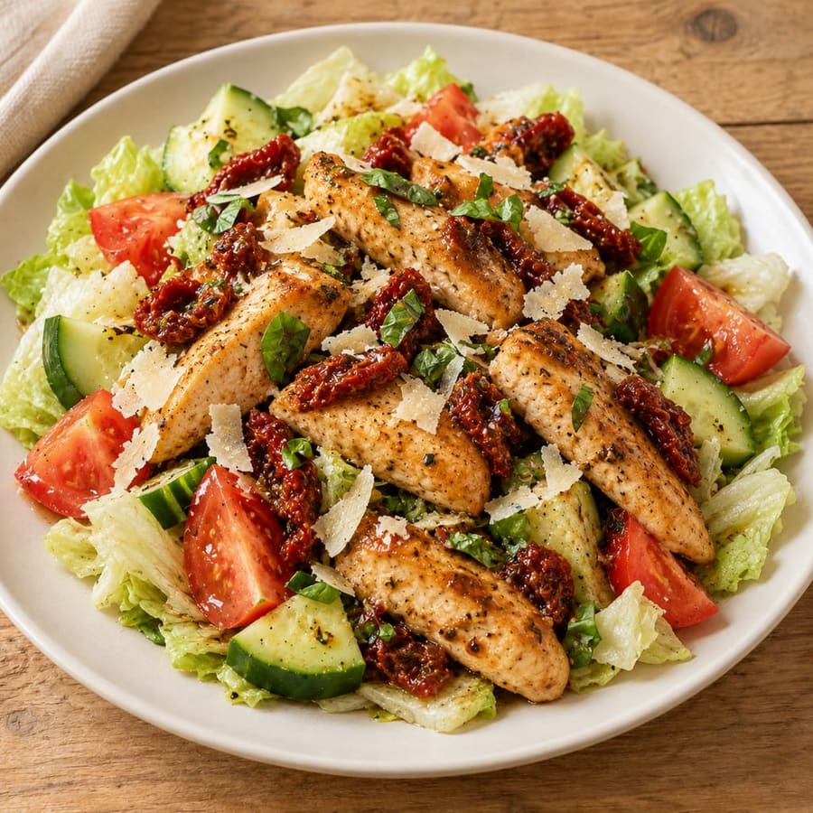 Lauwarmer Hähnchensalat mit getrockneten Tomaten und Parmesan