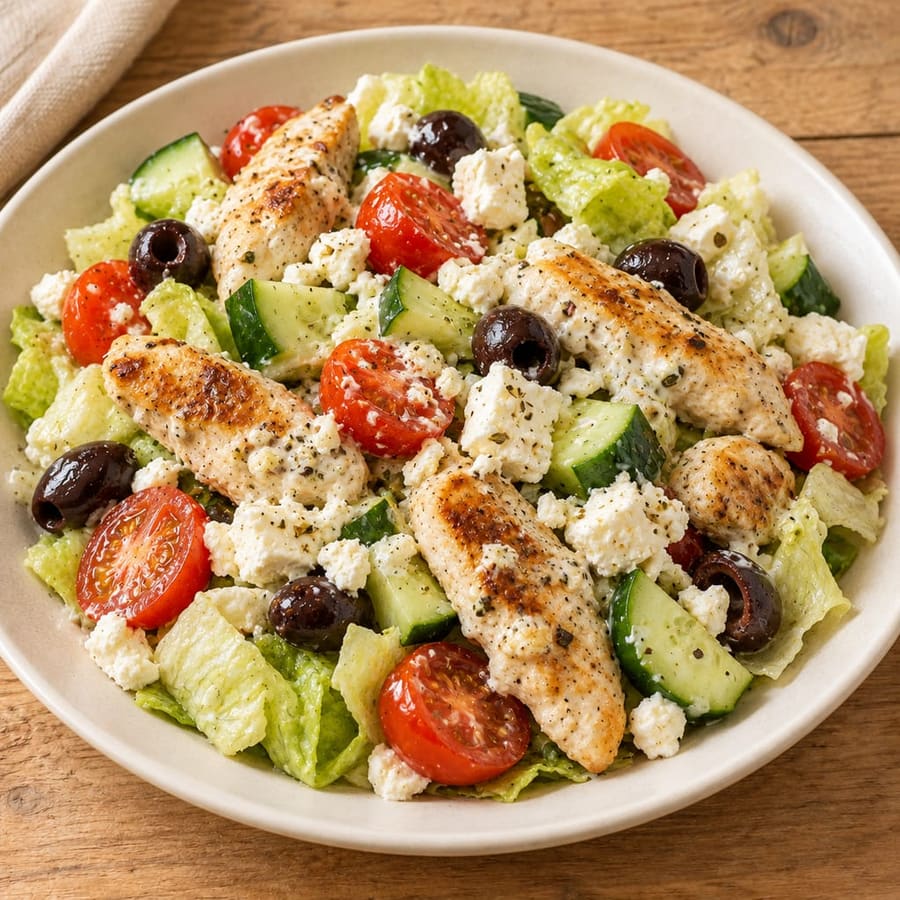 Warmer Hähnchensalat mit Gurke, Kirschtomaten und Joghurtdressing