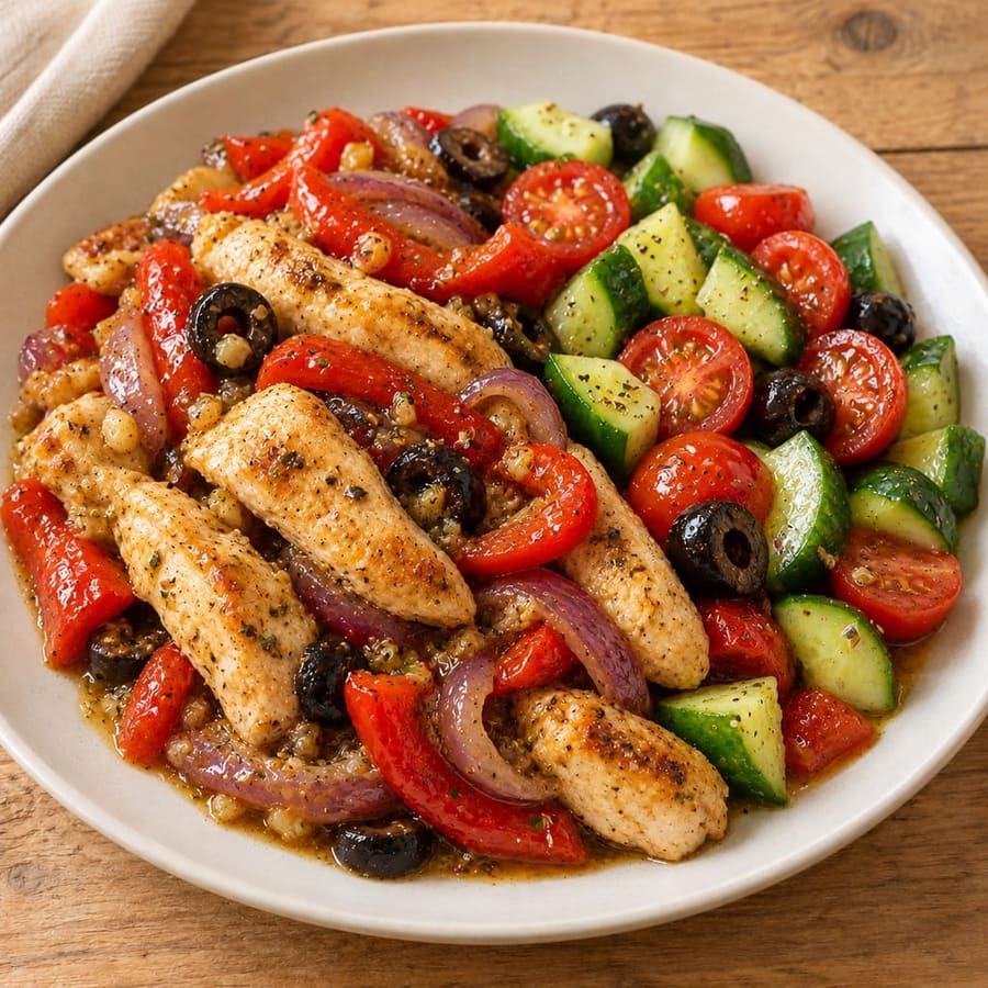 Warmer Hähnchensalat mit Gurke, Kirschtomaten und Paprika