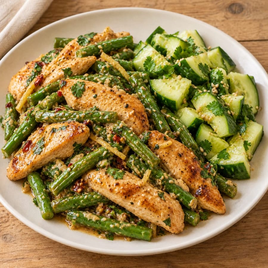 Warmer Hähnchensalat mit grünen Bohnen und Gurke