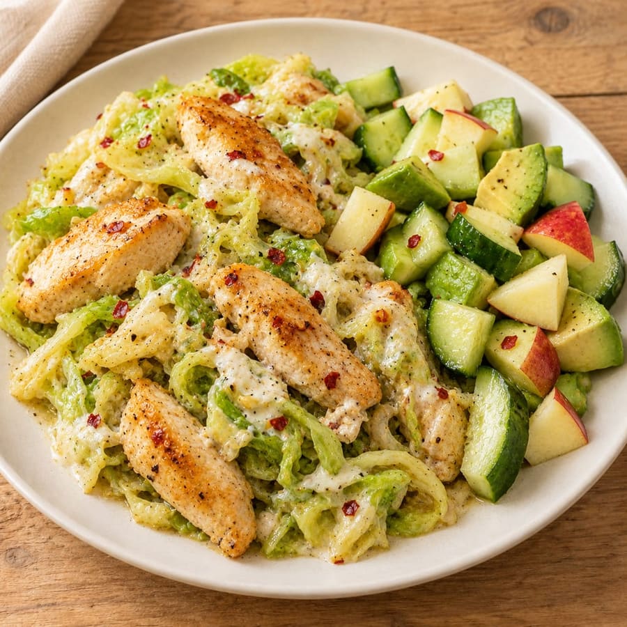 Lauwarmer Hähnchensalat mit Weißkohl, Avocado und Joghurtsauce