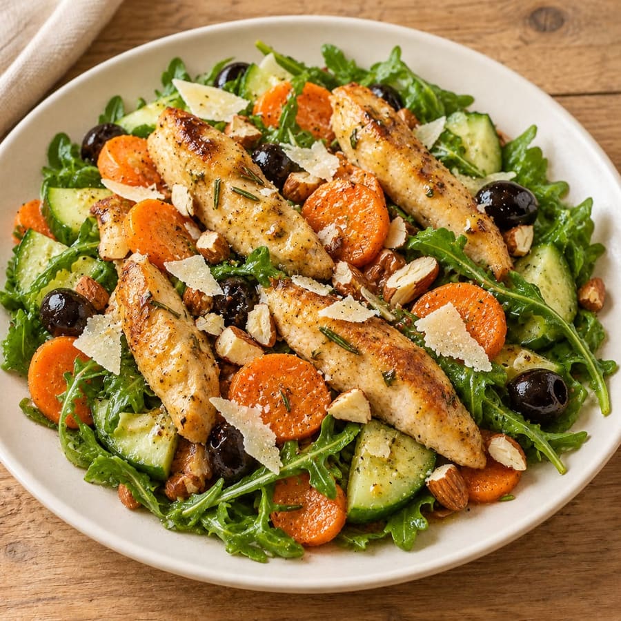 Warmer Hähnchensalat mit Rucola, Karotte und Gurke