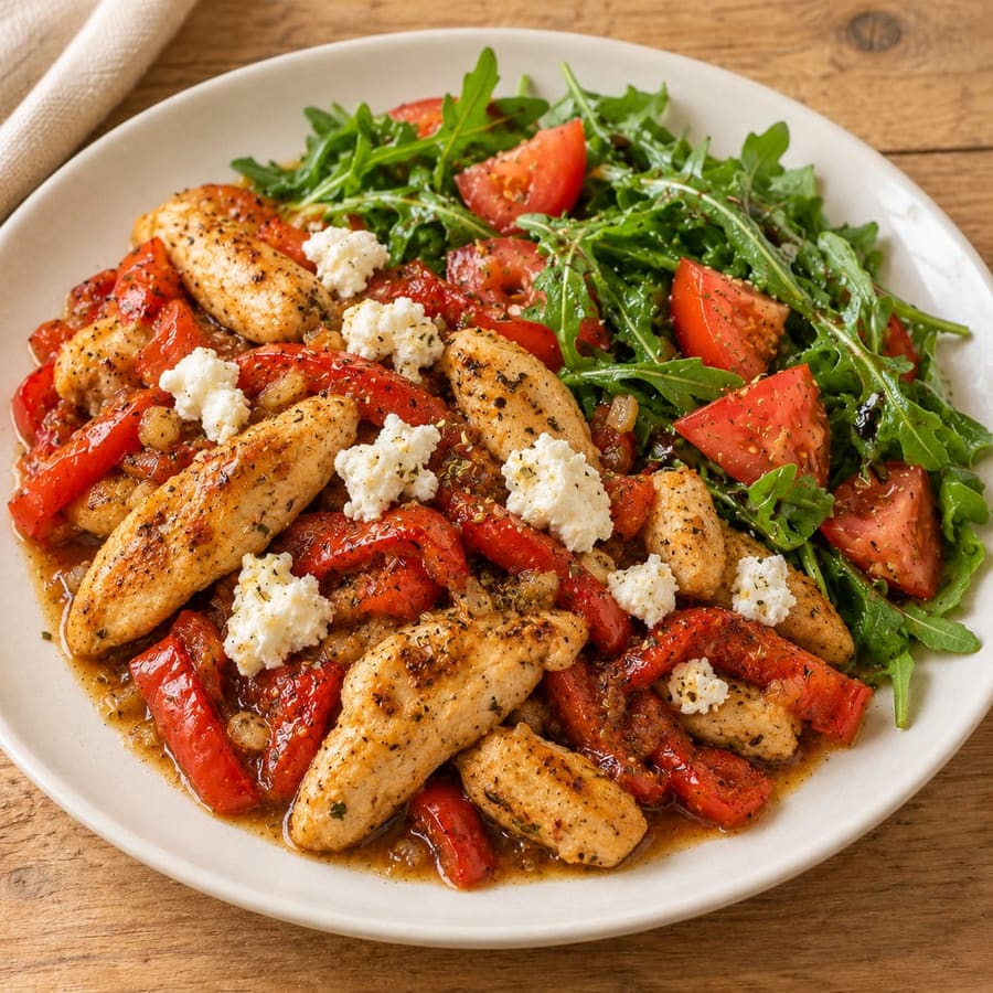 Warmer Hähnchensalat mit Rucola, Tomate und Ziegenkäse