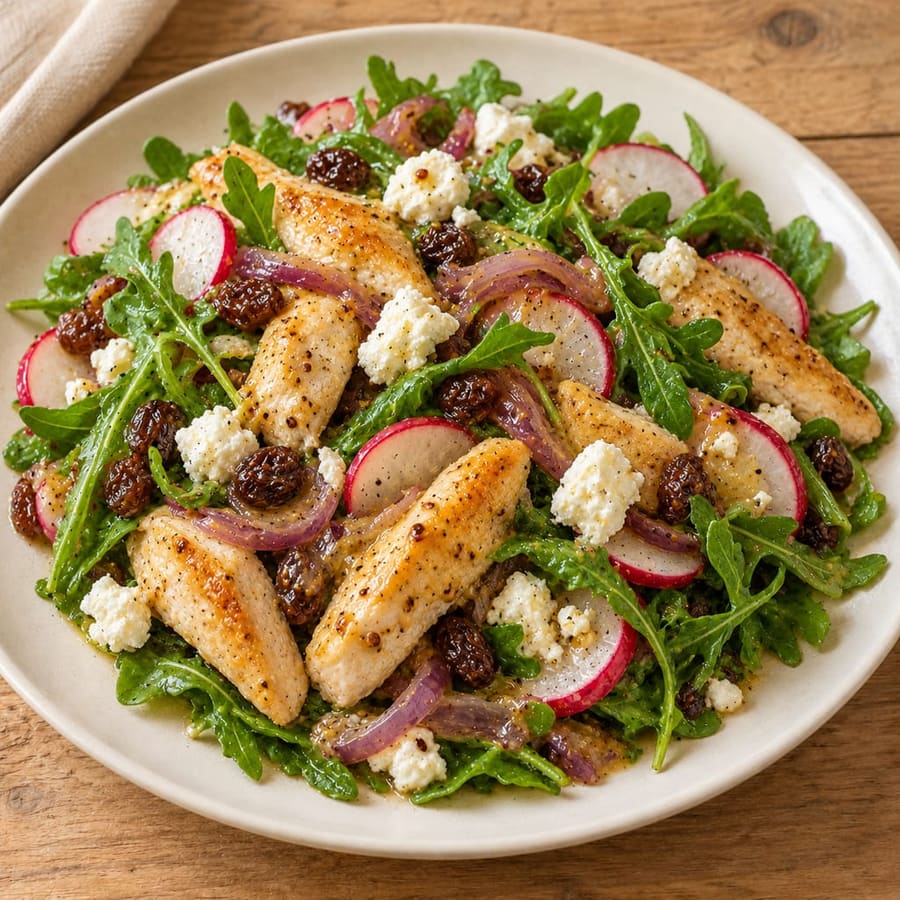 Lauwarmer Hähnchensalat mit Radieschen, Rucola und Ziegenkäse
