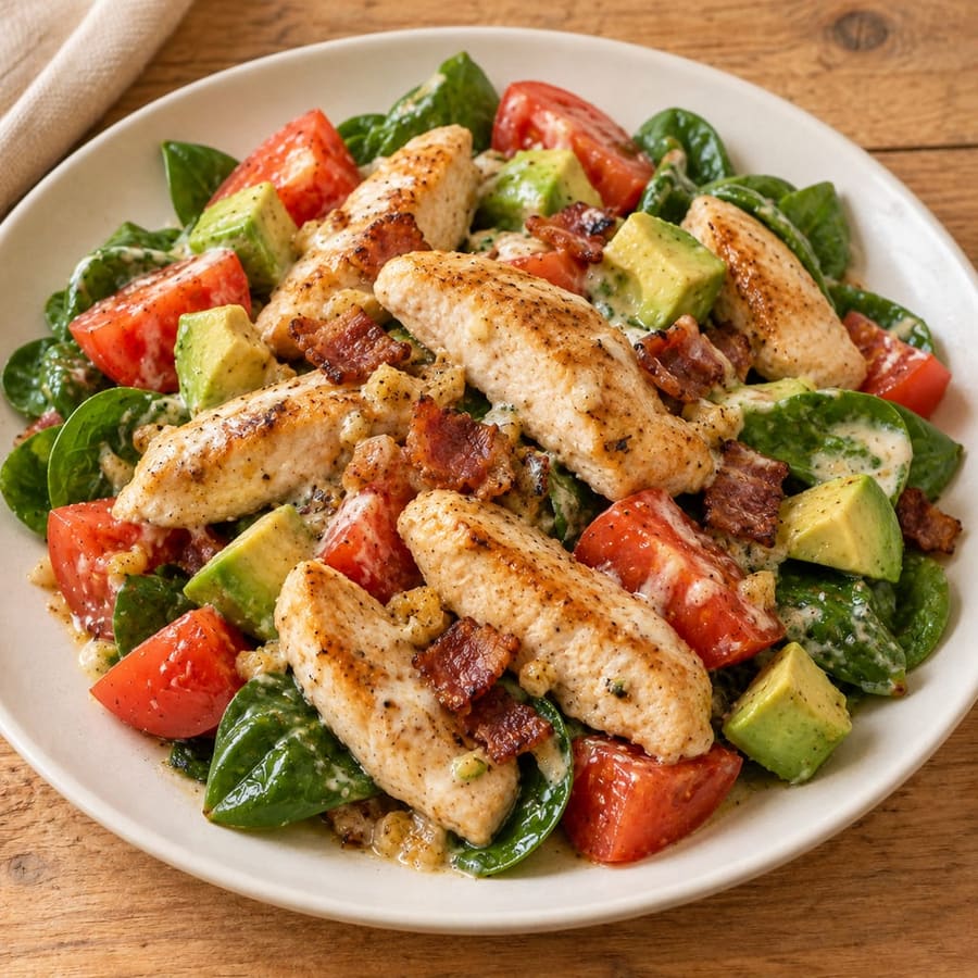 Warmer Hähnchensalat mit Spinat, Tomate und Avocado