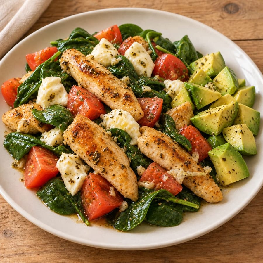 Warmer Hähnchensalat mit Babyspinat, Tomate und Avocado