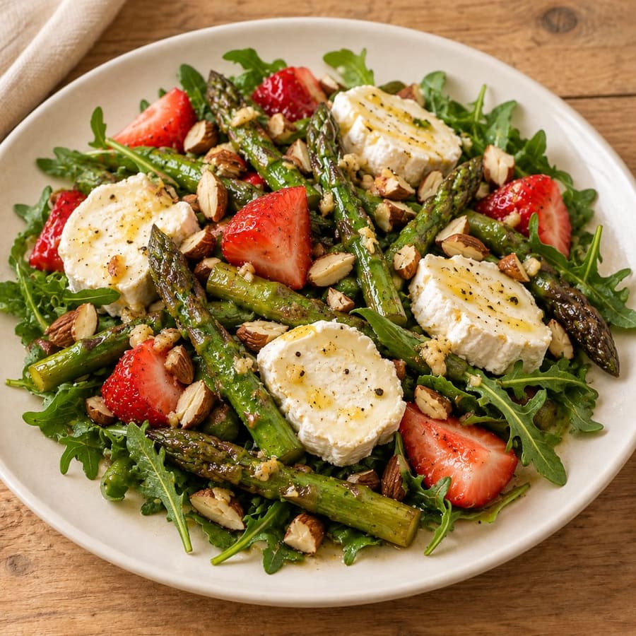 Warmer Ziegenkäsesalat mit grünem Spargel und Erdbeeren