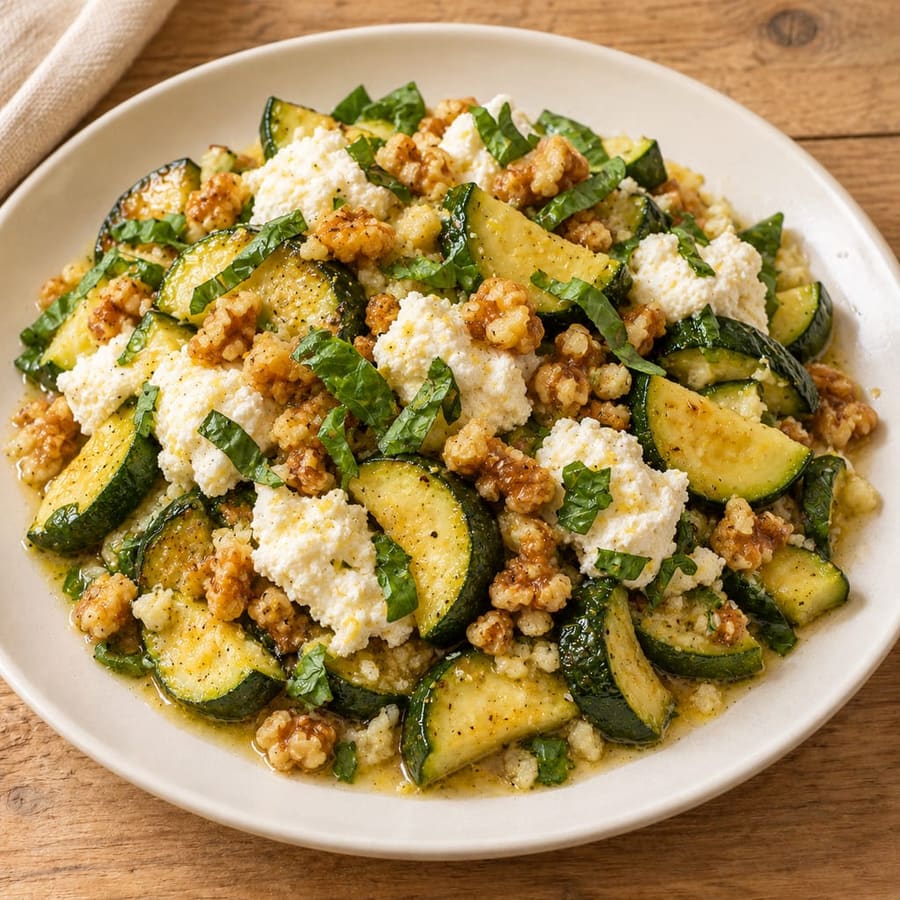 Warmer Zucchinisalat mit Ricotta, Zitrone und Walnüssen