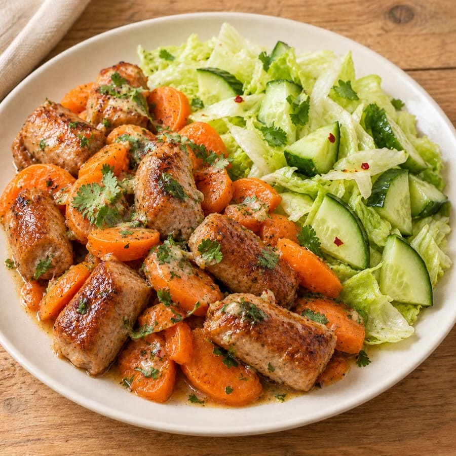 Lauwarmer Salat mit frischer Bratwurst, Möhren und Gurke