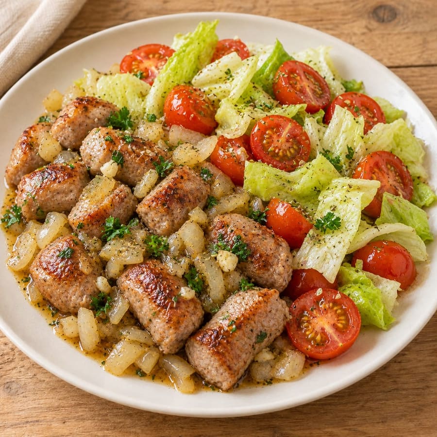 Lauwarmer Wurstsalat mit Kirschtomaten, Eisbergsalat und Vinaigrette