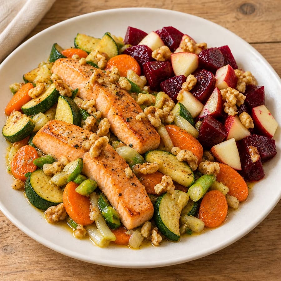 Lauwarmer Lachssalat mit Zucchini, Roter Bete und Karotte