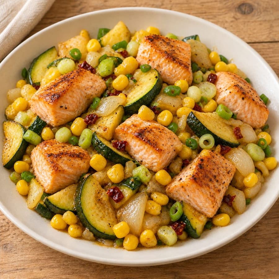 Warmer Lachssalat mit Zucchini und Mais