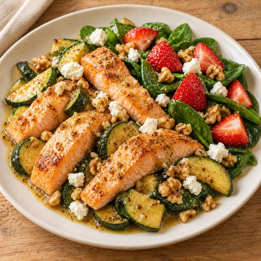Warmer Lachssalat mit Babyspinat, Zucchini und Erdbeeren
