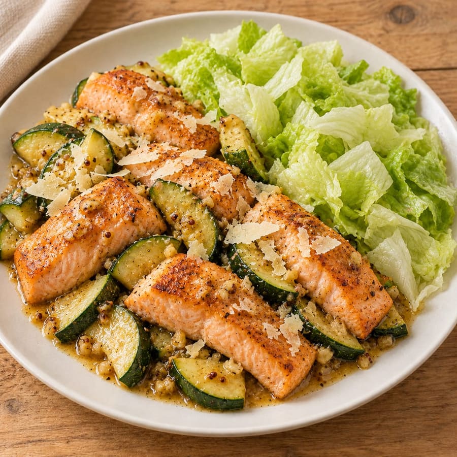 Lauwarmer Lachssalat mit Zucchini und Dijon-Dressing