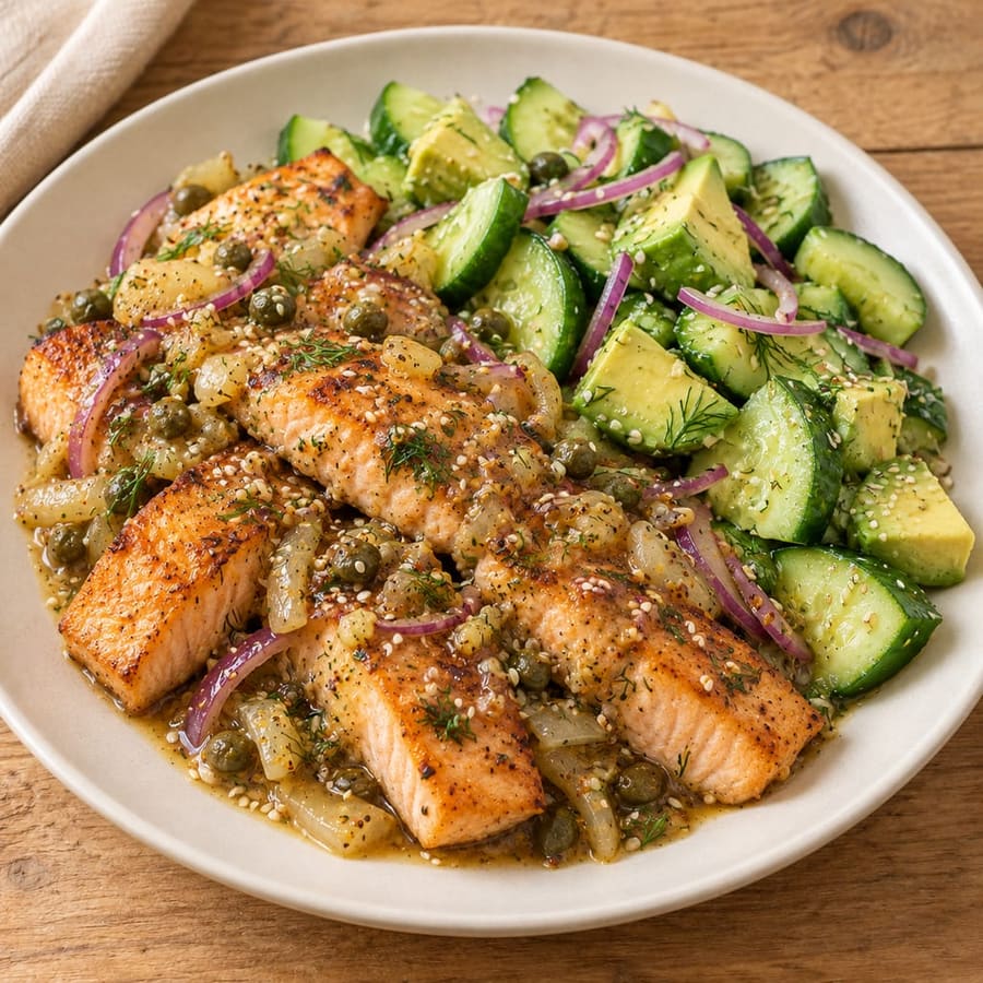 Lauwarmer Lachssalat mit Gurke und Avocado