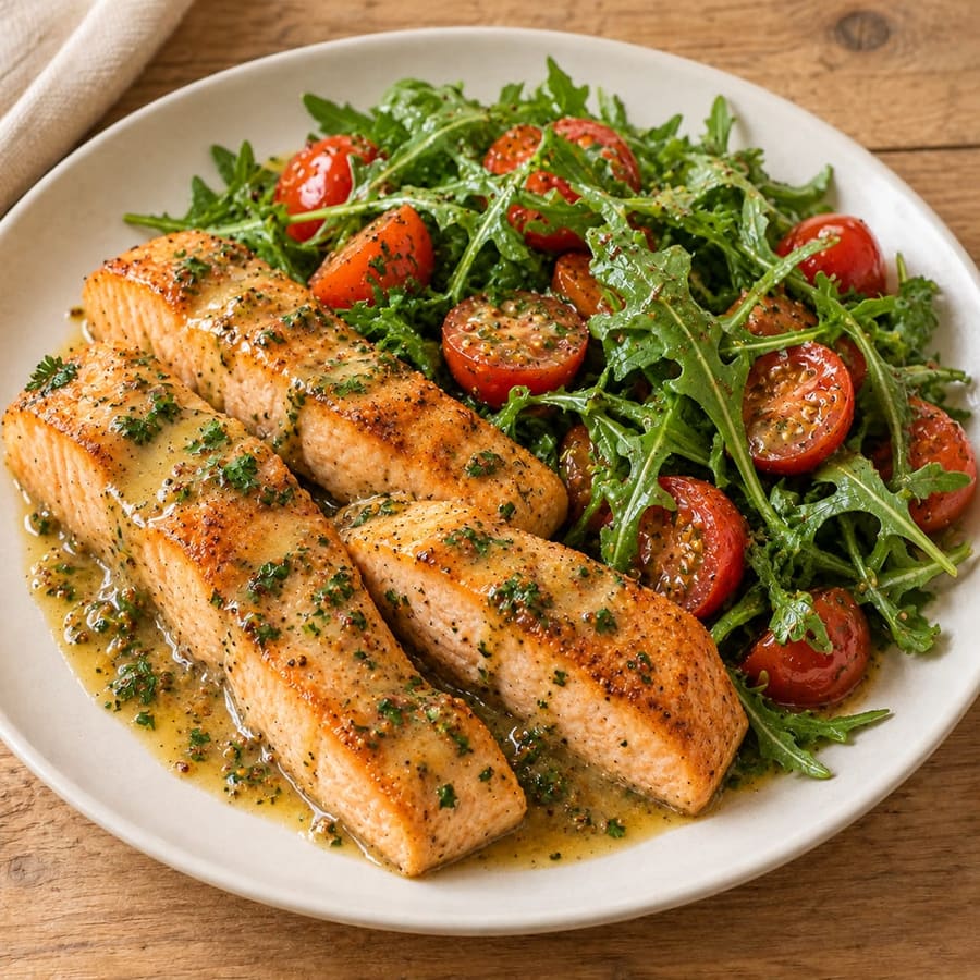 Warmer Lachssalat mit Rucola und Kirschtomaten