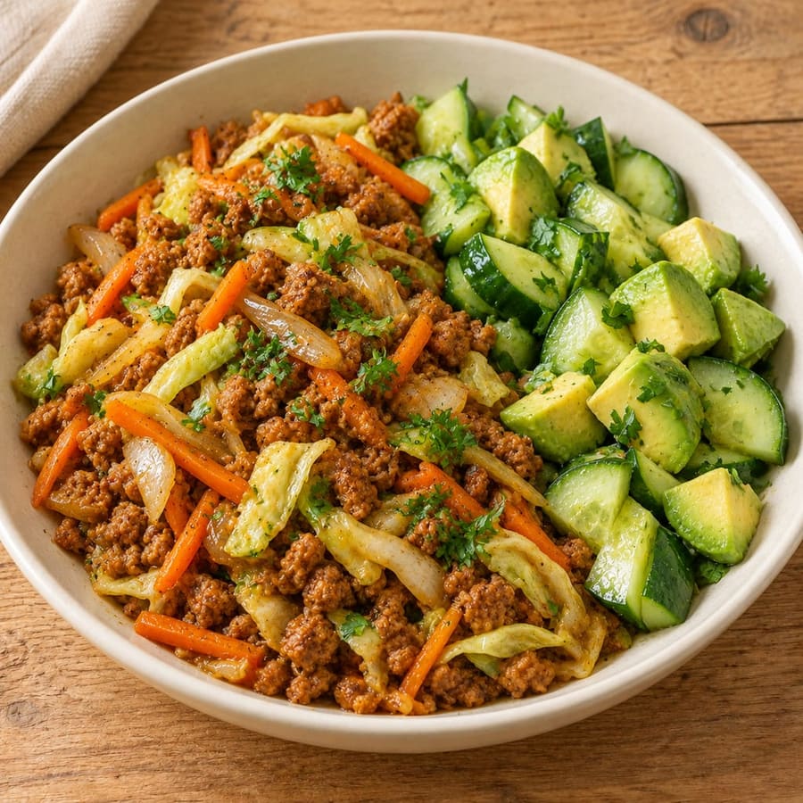 Warmer Salat mit Sojagranulat, Gurke, Kohl und Avocado