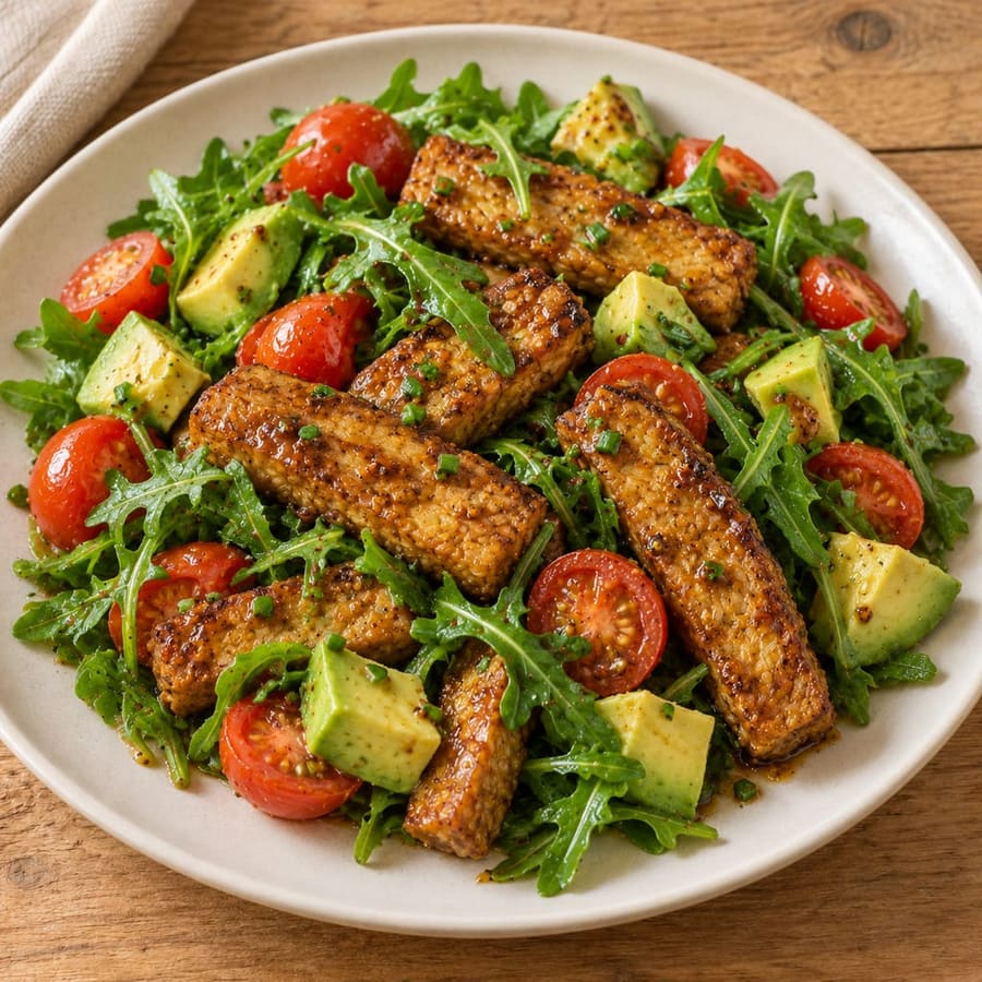 Warmer Tempeh-Salat mit Avocado und Rucola
