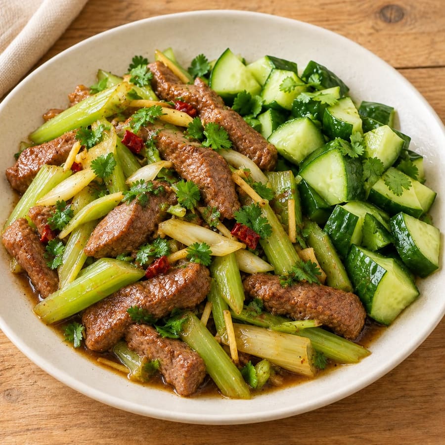 Lauwarmer Rindersalat mit Sellerie, Gurke und Soja