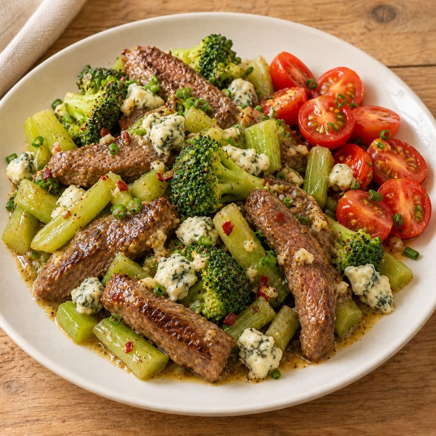 Warmer Rindersteak-Salat mit Brokkoli, Sellerie und Blauschimmelkäse
