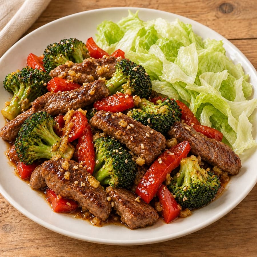 Lauwarmer Rindfleischsalat mit Brokkoli, Paprika und Sojadressing