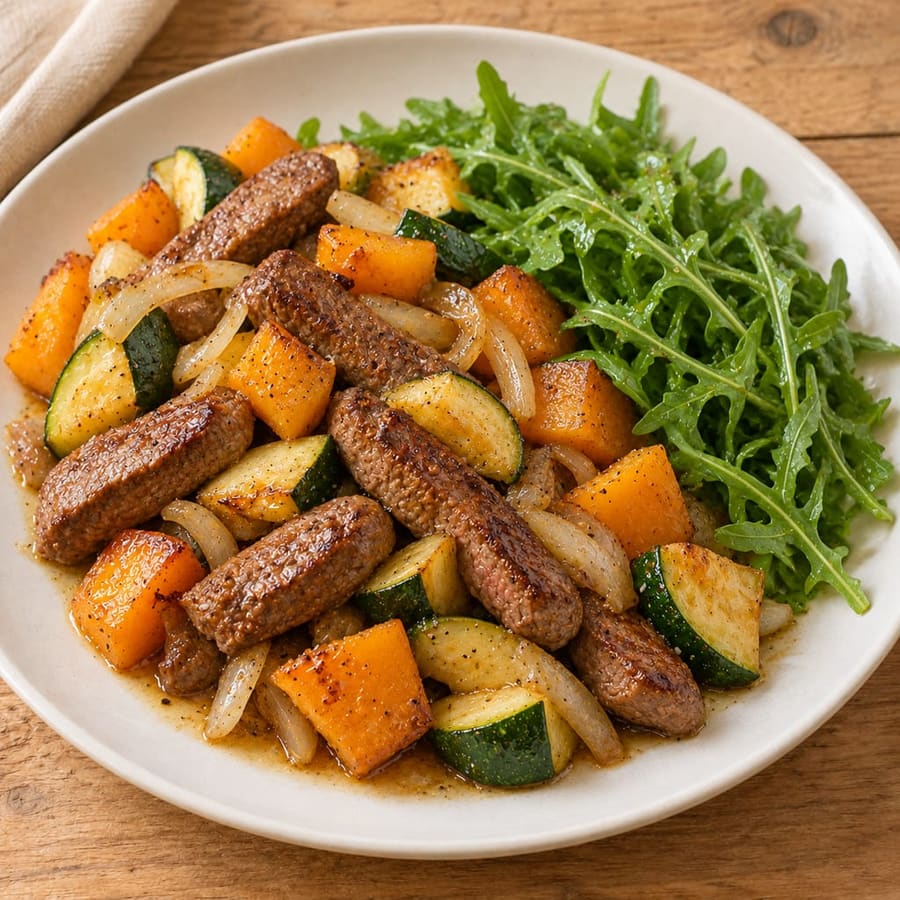 Lauwarmer Rindfleischsalat mit Butternusskürbis, Zucchini und Rucola