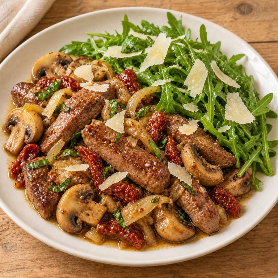 Lauwarmer Rindfleischsalat mit Champignons und Rucola