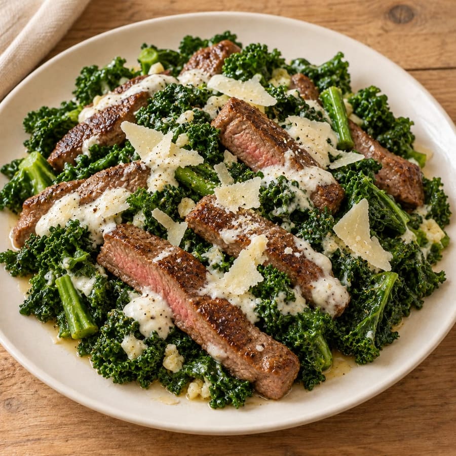 Lauwarmer Rindfleischsalat mit Grünkohl, Joghurt und Parmesan
