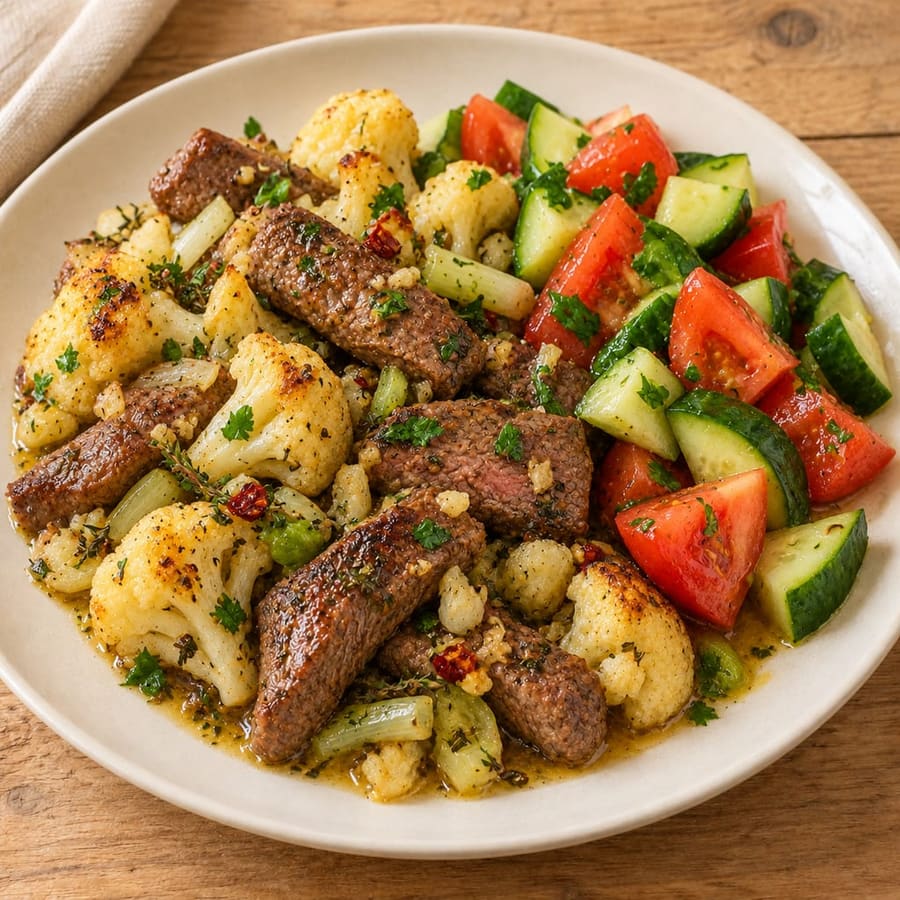 Lauwarmer Rindersteak-Salat mit Blumenkohl und Gurke