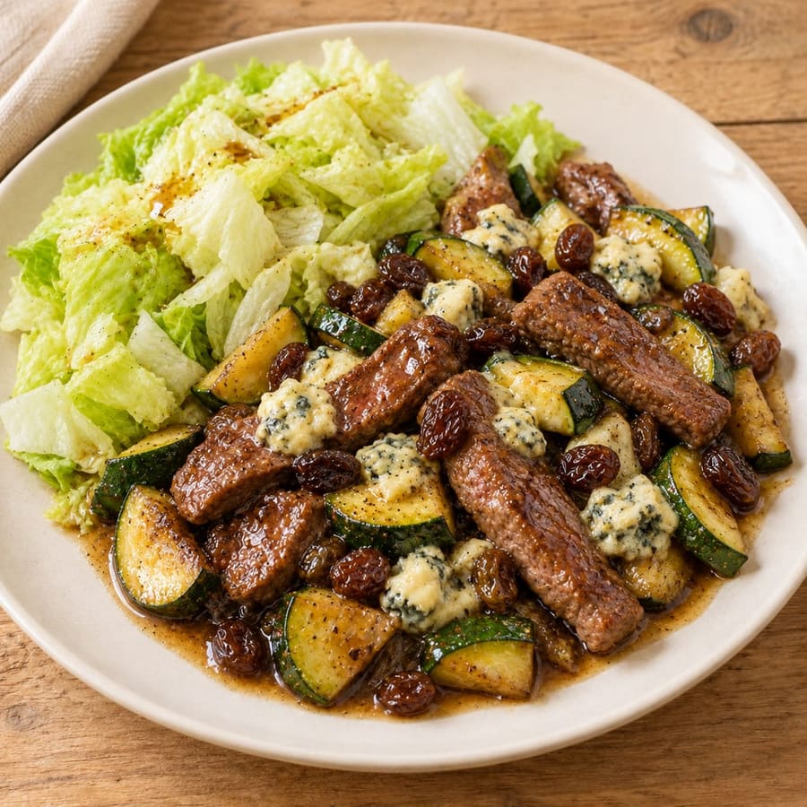 Warmer Rinderfiletsalat mit Zucchini, Eisbergsalat und Blauschimmelkäse