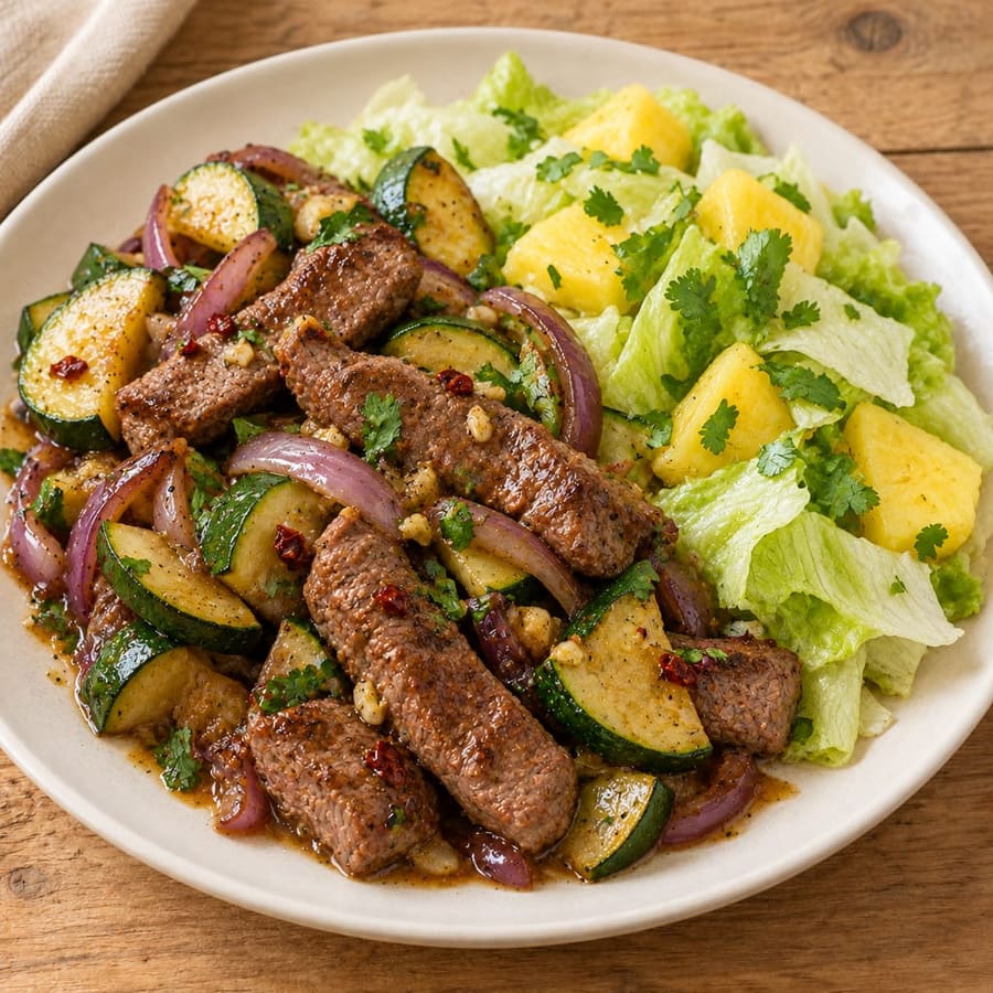 Lauwarmer Rindfleischsalat mit Ananas, Zucchini und Limette