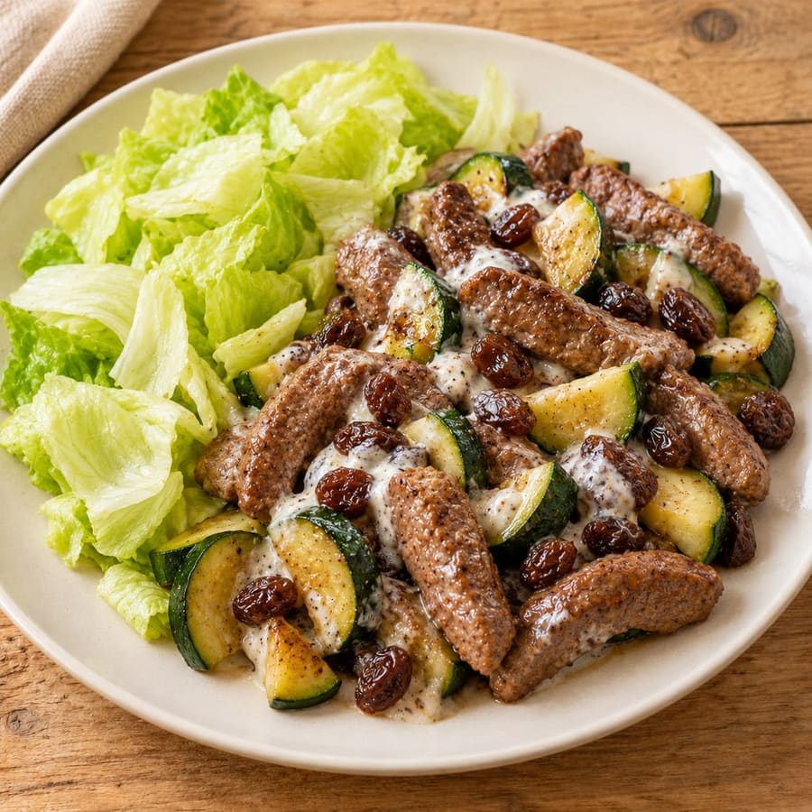 Warmer Rindfleischsalat mit Zucchini und Joghurtsauce